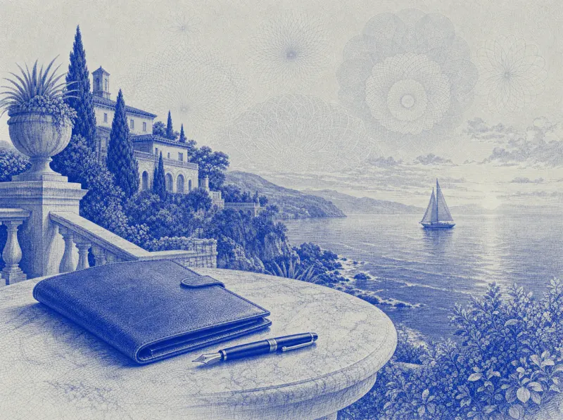 An engraved coastal terrace with a leather portfolio and fountain pen, a sailboat on the sea