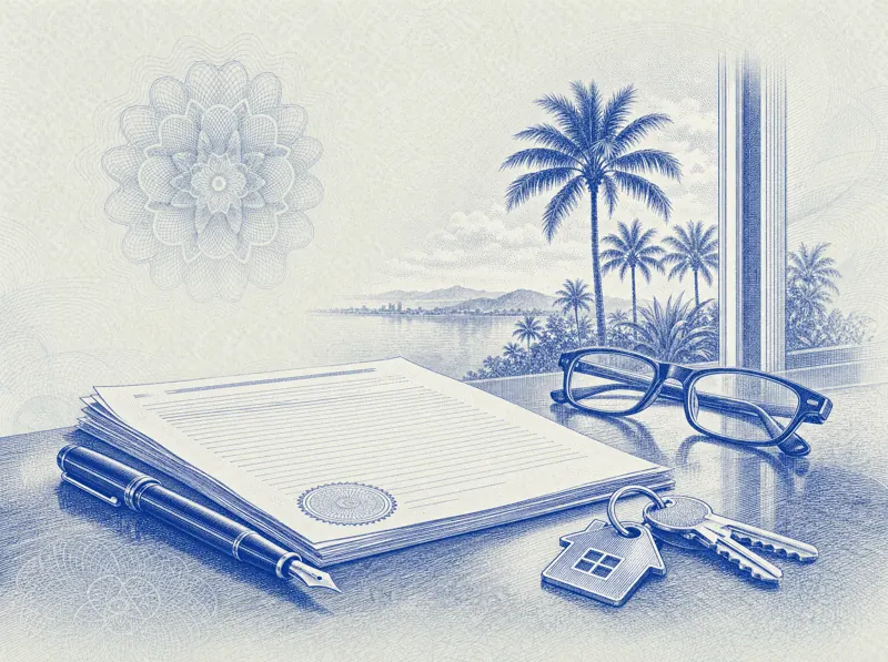 An engraved desk with a stamped loan term sheet, fountain pen, house keys and glasses by a window onto a palm-lined bay