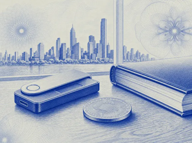 An engraved hardware wallet and coin on a desk beside an account statement, a city skyline behind