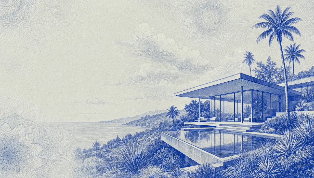 An engraved illustration of a modern hillside home with a reflecting pool above the ocean, framed by palms