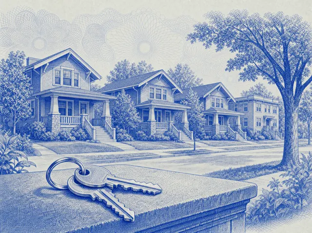 An engraved street of craftsman rental homes with a ring of house keys in the foreground