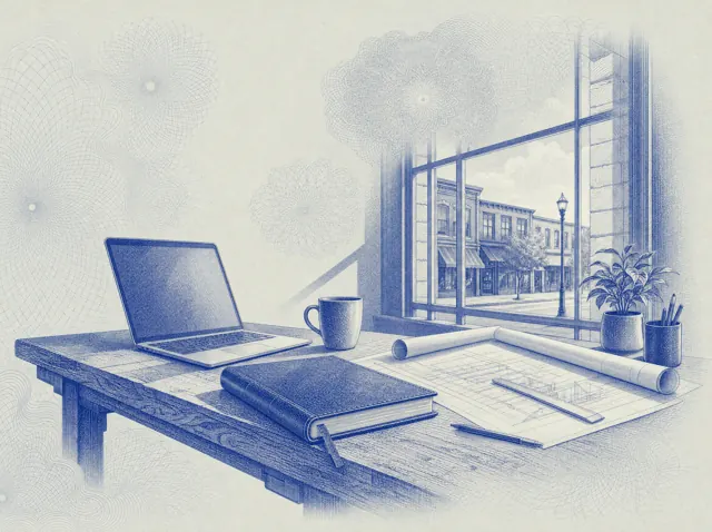 An engraved studio desk with a laptop, ledger and plans by a window onto a street of storefronts
